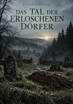 Buchcover „Das Tal der erloschenen Dörfer“ von Torsten Schönberg: Friedhof, frisches Grab und ein Dorf in einem nebligen Tal.
