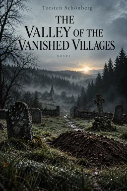 Book cover of “The Valley of the Vanished Villages” by Torsten Schönberg: a cemetery, a fresh grave, and a village in a misty valley.