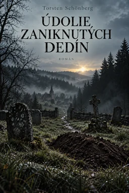Obálka knihy „Údolie zaniknutých dedín“ od Torstena Schönberga: cintorín, čerstvý hrob a dedina v hmlistom údolí.