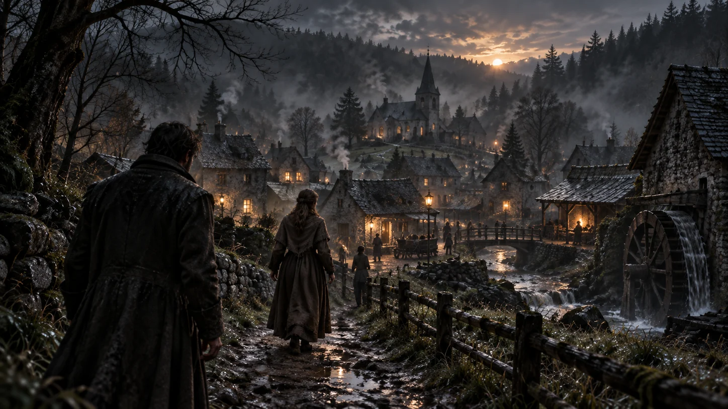 At dusk, Leonhard and Maria walk down into a village restored to life, with lit houses, a stream, and a mill.