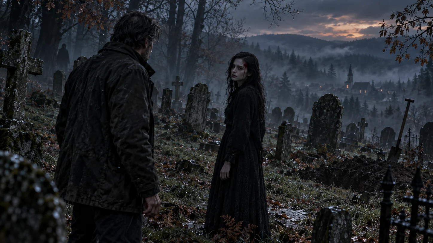 Leonhard and Rosa, with blood at her temple, stand among old graves beside a fresh grave; a shadowy dark figure is visible in the background.