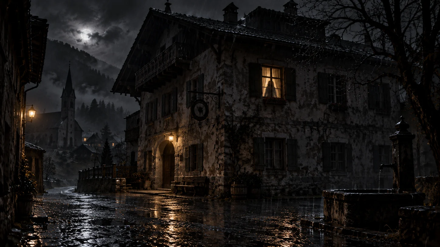 An old inn at night in the rain; light reflects on the wet village square, and a shadowy figure stands in a lit window.