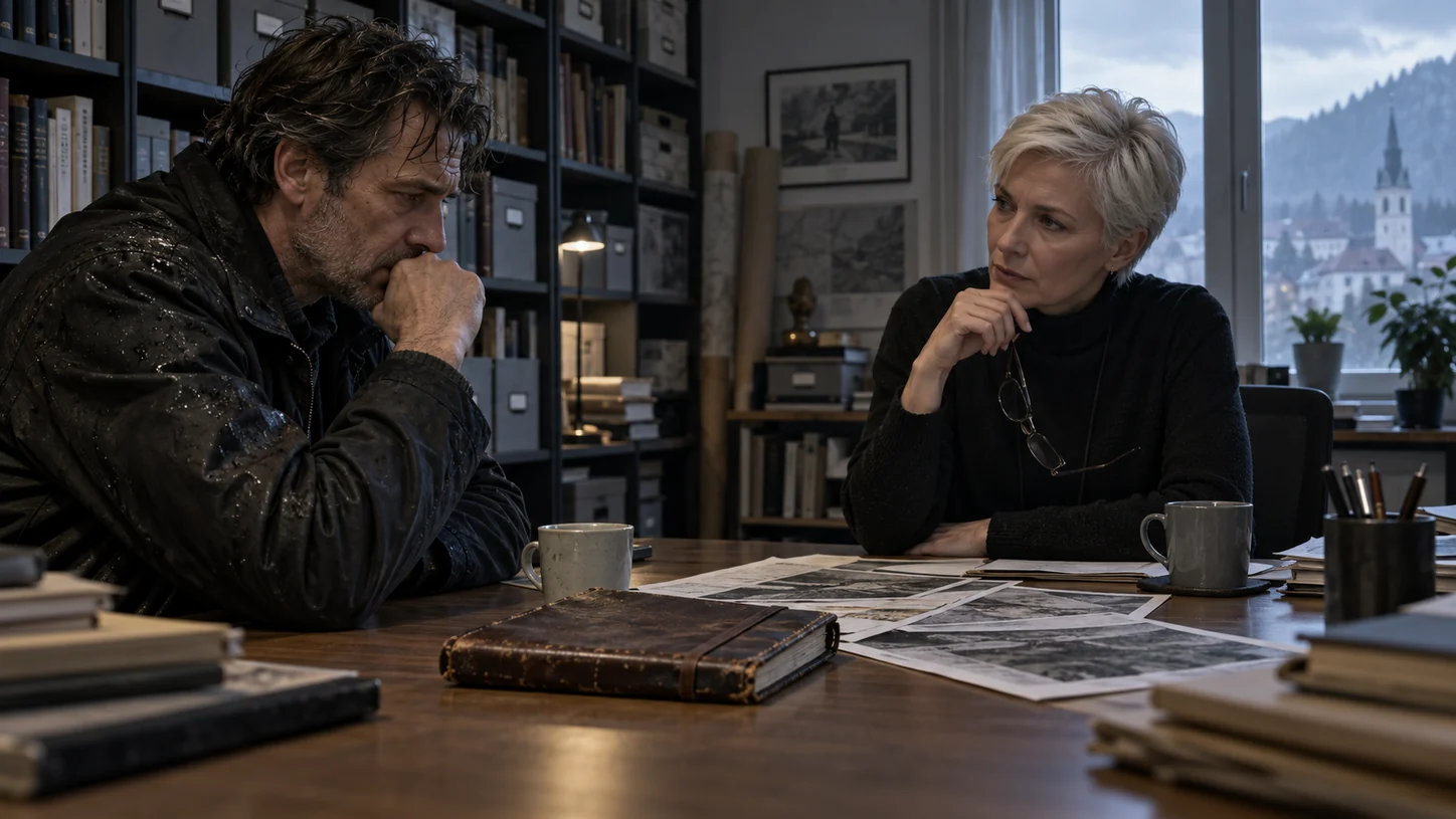 Leonhard and Anna sit opposite each other in an office with archive shelves; an old field notebook and working papers lie on the table.