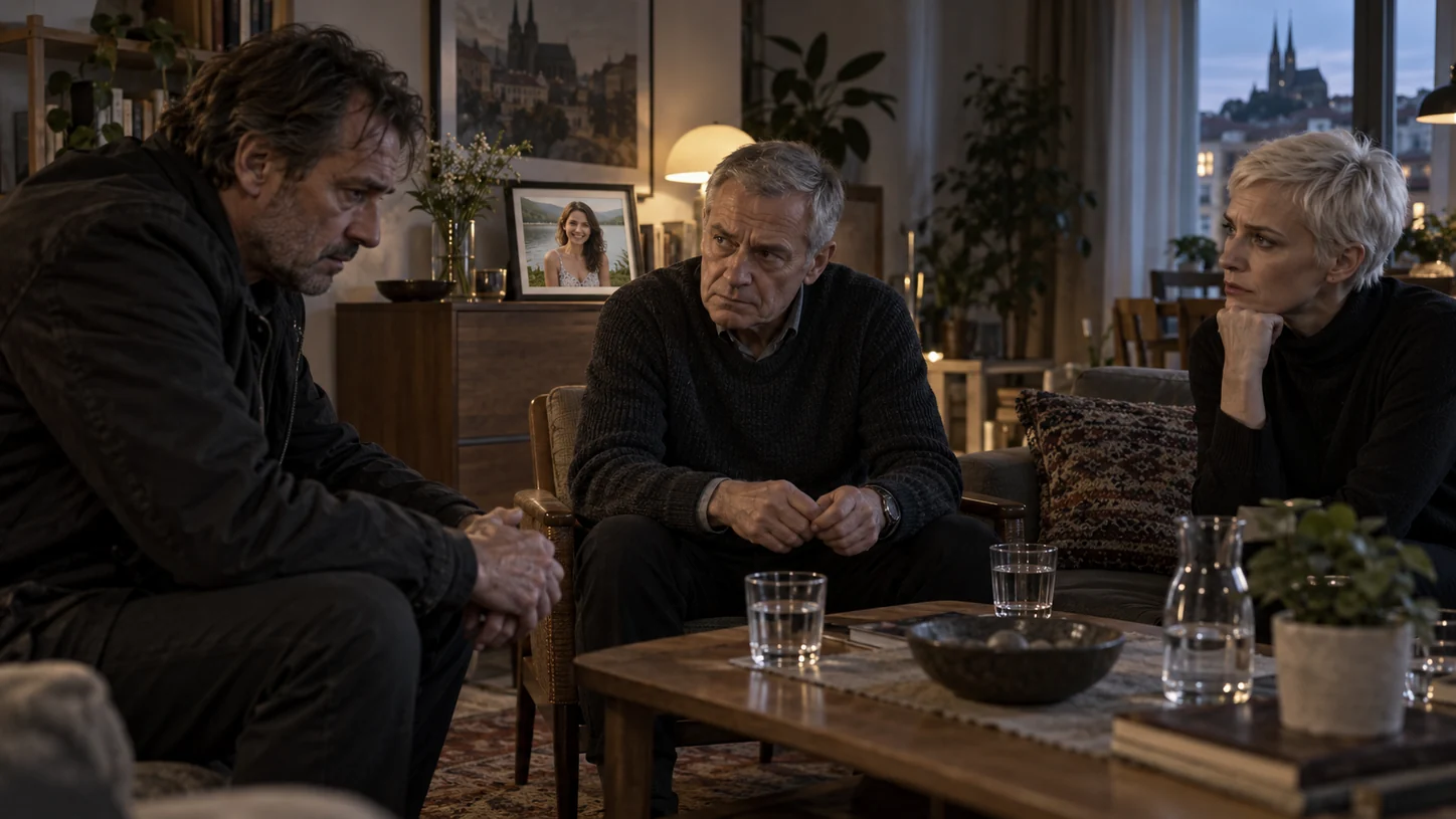 Leonhard, Karel and Anna sit together in Karel's living room; a framed photograph of Rosa stands in the background.