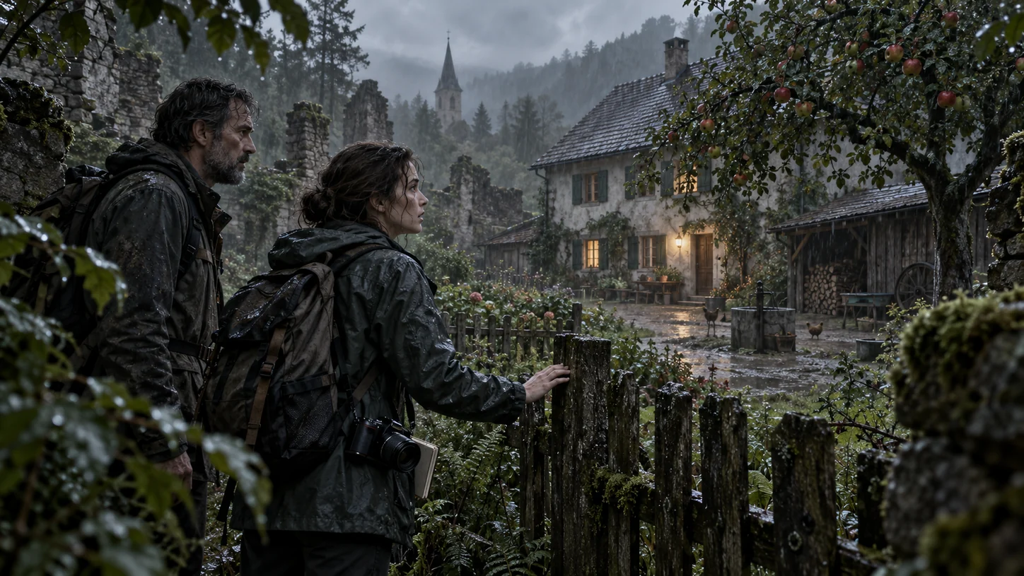 Leonhard and Anna stand in the rain outside a house and garden in Althütten, which has come back to life; Anna holds a camera, with ruins beside them.