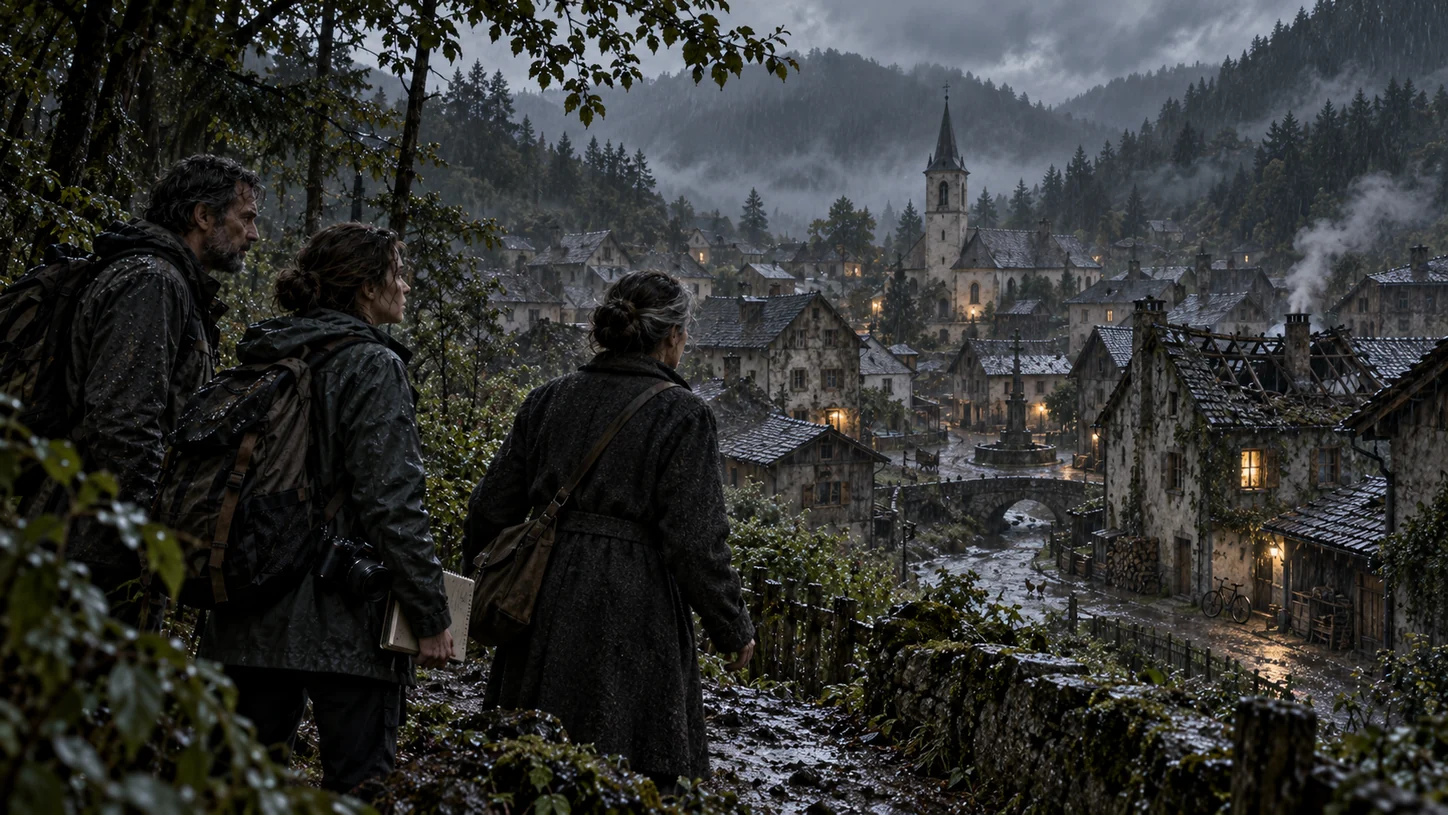 Leonhard, Anna and Maria look out over misty Arnolzheim with old houses, a church, a stream and a bridge.