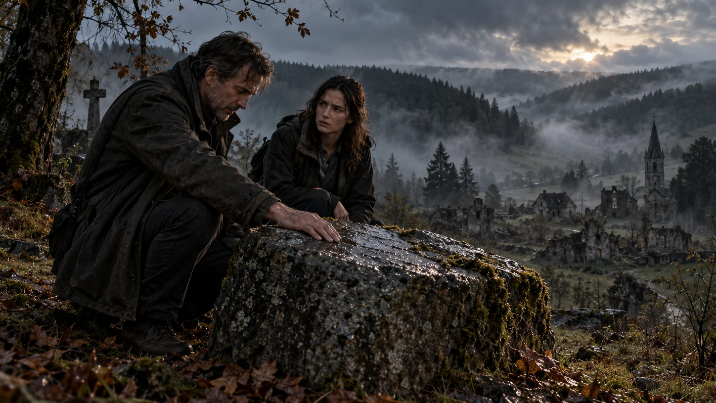 Leonhard rests his hand on a large granite boulder; Anna stands behind him, with a misty valley in the background.