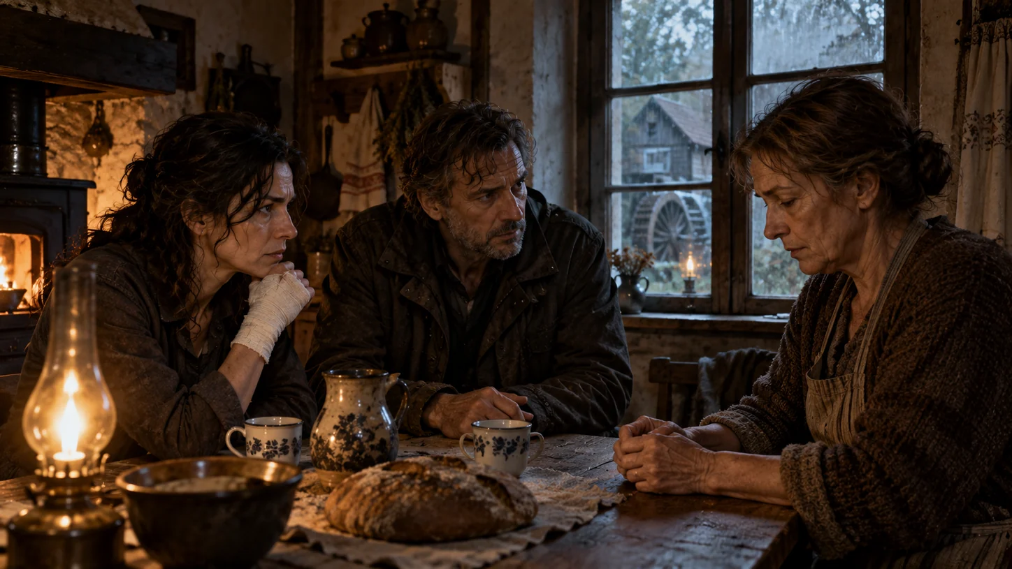 Maria sits opposite Leonhard and Anna at the wooden table in the old mill; Anna's hand is bandaged, and a fire burns in the stove.