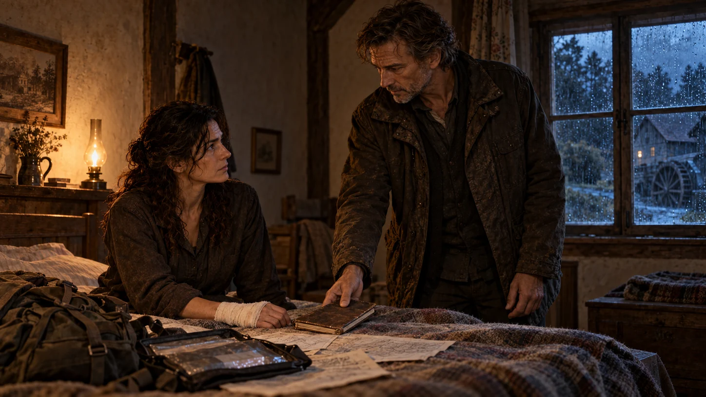 Leonhard gives Anna his field notebook in a bedroom of the old mill; Anna sits on the bed beside her notes, her hand bandaged.