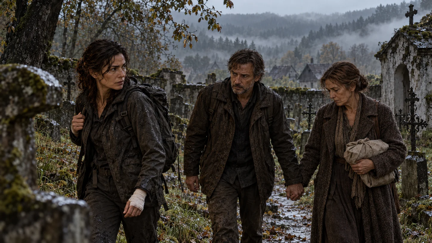 Anna walks ahead of Leonhard and Maria through a misty old cemetery; Leonhard and Maria hold hands, and Maria carries a cloth-wrapped bundle.