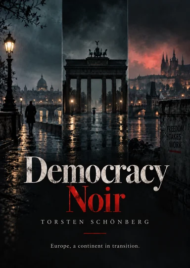 Cover of Democracy Noir: dark European city scenes with red and pale lettering.