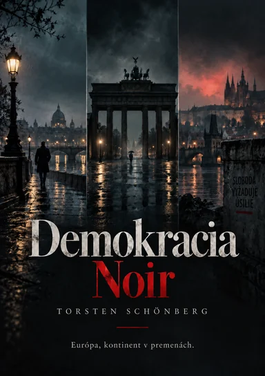 Obálka Demokracia Noir: temné európske mestské scény s červenými a svetlými nápismi.