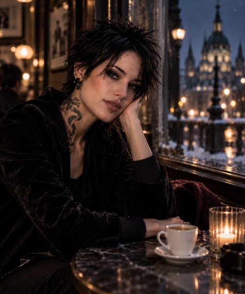 Porträt der fiktionalen Noir-Pop-Künstlerin Mascha Sonnenburg in einem Wiener Café bei Nacht.