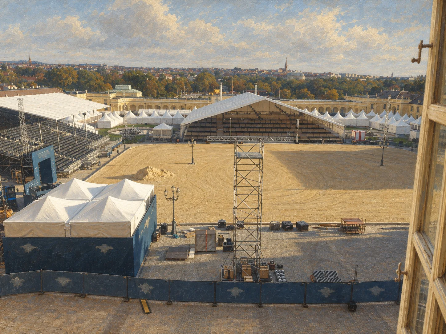 Gemäldeartiger Blick auf den Ehrenhof von Schönbrunn mit den nahezu fertig aufgebauten Tribünen und der Veranstaltungsfläche.