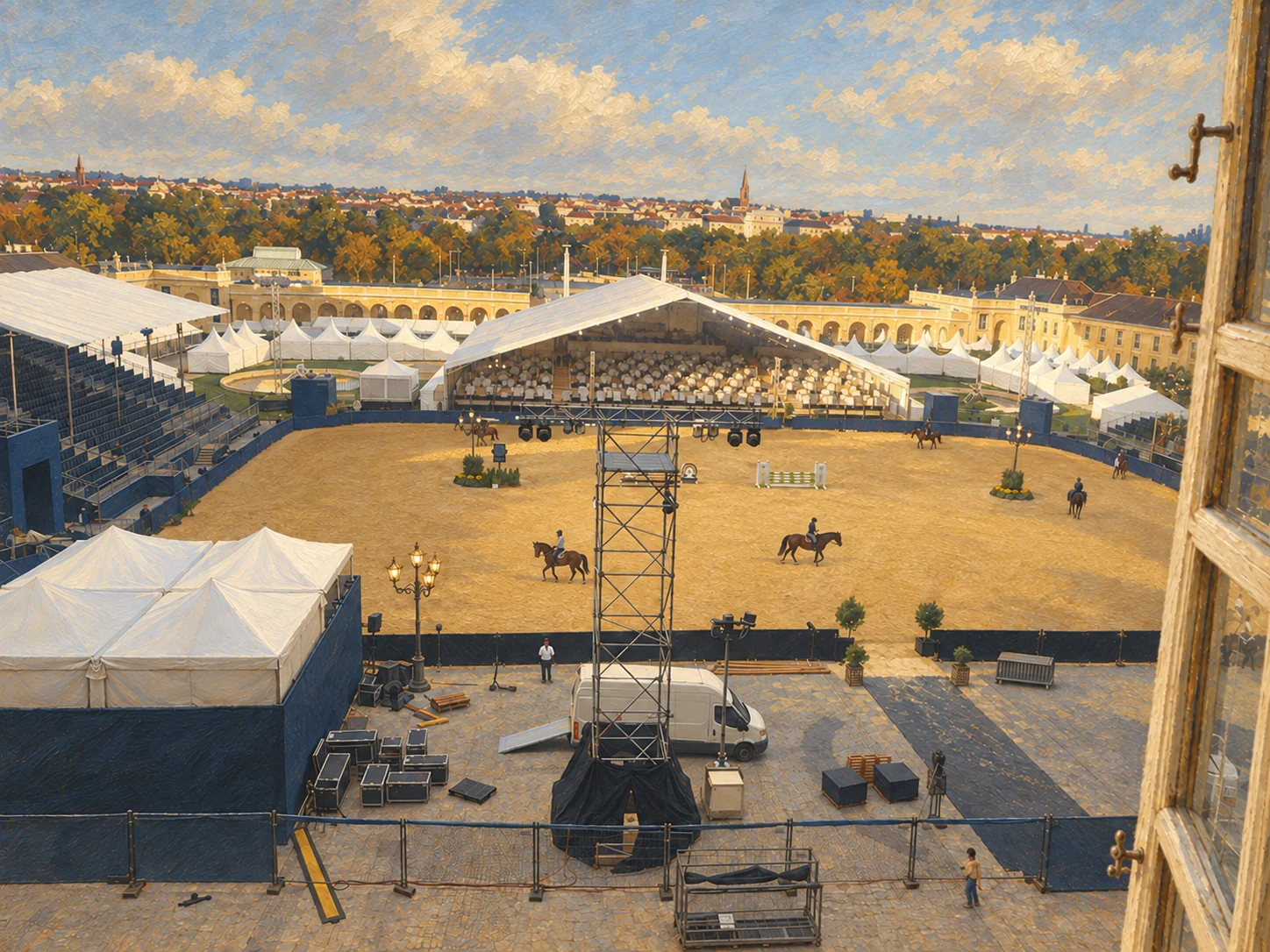 Gemäldeartiger Blick auf den Ehrenhof von Schönbrunn während des Reitbetriebs mit Tribünen, Zelten, Pferden und Reitern.