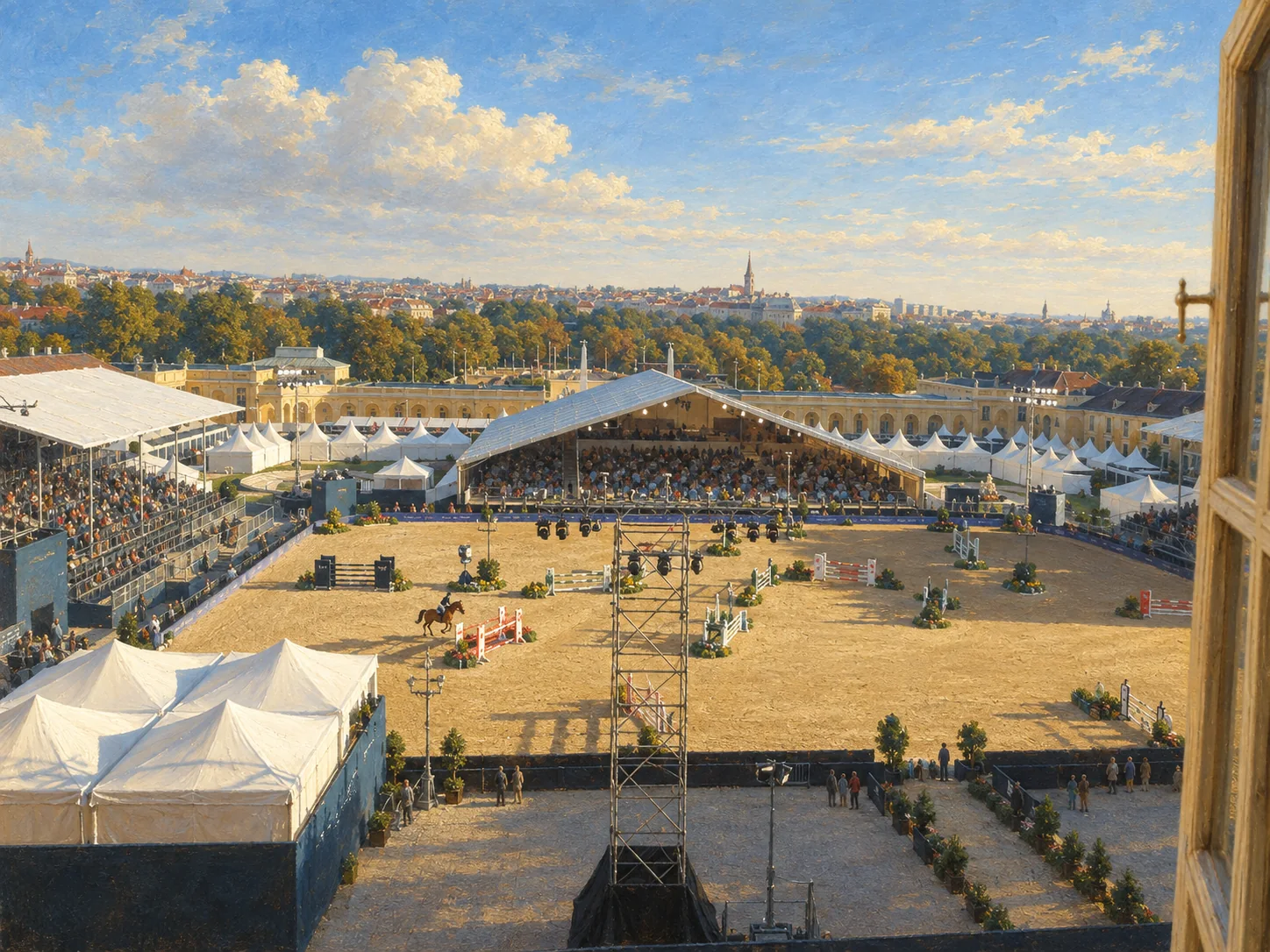 Painterly view of the fully prepared equestrian arena in the Ehrenhof at Schönbrunn Palace.